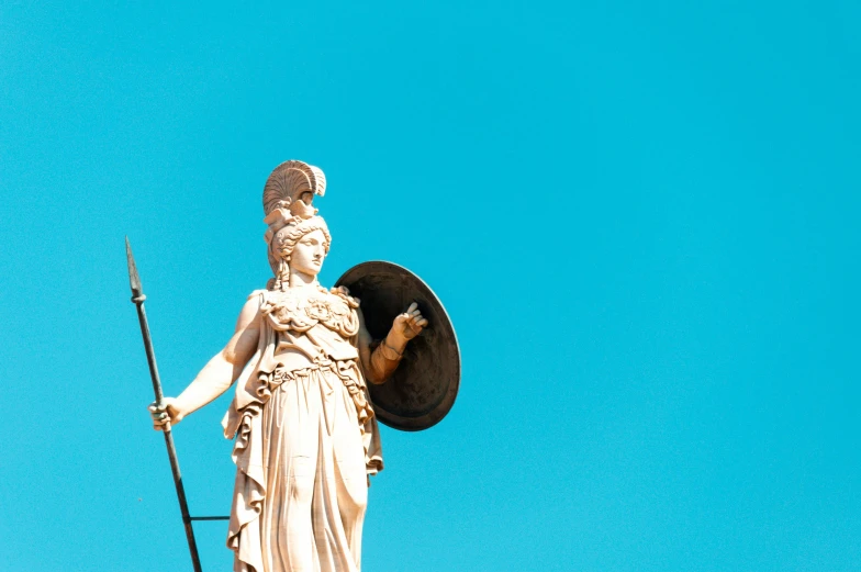a statue of a woman holding a shield and shield, by Niko Henrichon, pexels contest winner, neoclassicism, sky blue, greece, avatar image