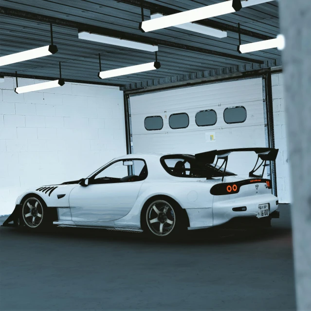 a white sports car parked in a garage, inspired by Zhu Da, unsplash, full body 8k, 15081959 21121991 01012000 4k, japanese drift car, whitespace