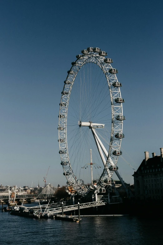 a large ferris wheel sitting next to a body of water, a picture, in london, slide show, during the day, exterior