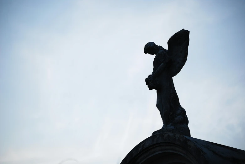 a statue of an angel on top of a building, by Carey Morris, pexels contest winner, moody morning light, clear sky above, parce sepulto, detailed silhouette