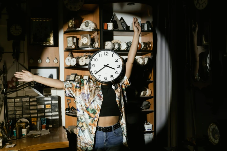 a woman holding a clock above her head, a photo, trending on pexels, maximalism, an escape room in a small, pose(arms up + happy), profile image, late night