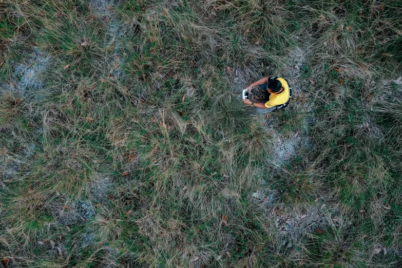 a man sitting on top of a lush green field, by Dietmar Damerau, unsplash contest winner, conceptual art, yellow and black, drone view, avatar image, walking in high grass field