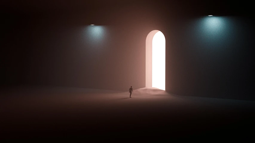 a person standing in front of an open door, a 3D render, inspired by Christopher Balaskas, quixel megascan, archway, muted colors. ue 5, inner glow