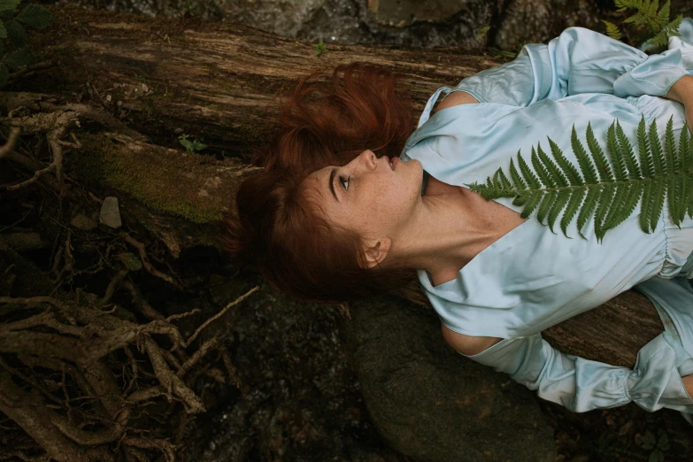 a woman laying on a log in the woods, inspired by Elsa Bleda, pexels contest winner, renaissance, ( redhead, fern, clothes made out of veins, profile image