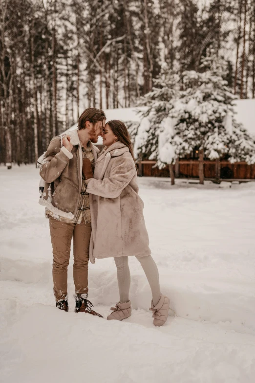 a man and woman kissing in the snow, cottagecore, profile image, white russian clothes, 🚿🗝📝