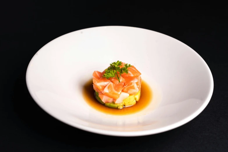 a close up of a plate of food on a table, inspired by Tsuji Kakō, unsplash, purism, prawn, aspic on plate, avocado, ignant