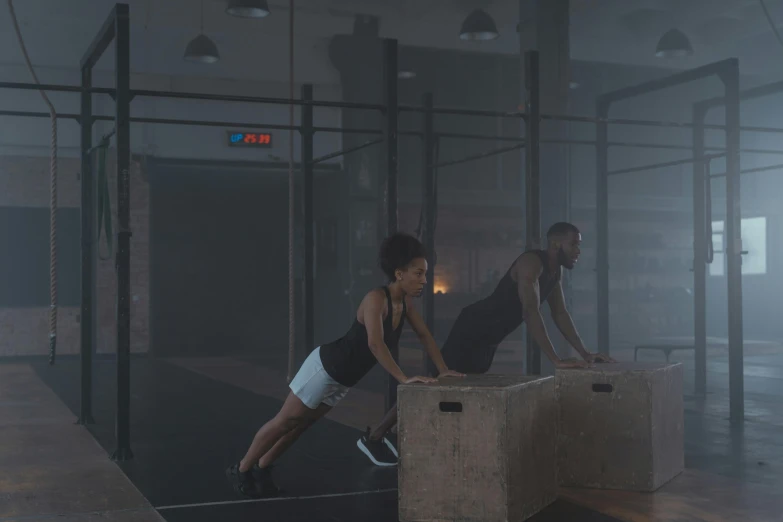 two people doing push ups in a gym, a portrait, pexels contest winner, octane render. fog, summer night, high res 8k, rectangle