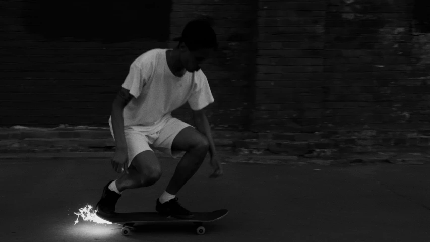 a young man riding a skateboard down a street, a black and white photo, lighting her with a rim light, mohamed chahin style, light skin, animation still