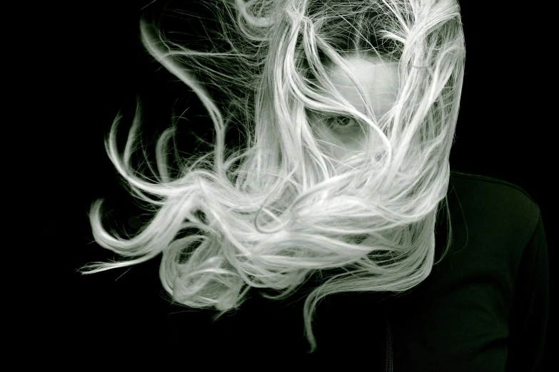 a black and white photo of a woman with long hair, an album cover, by Clifford Ross, pexels contest winner, surrealism, white hairs, fiber optic hair, taken in the late 2000s, swirling