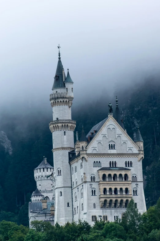a castle sitting on top of a lush green hillside, unsplash contest winner, german romanticism, icy, foggy, pointed arches, exterior