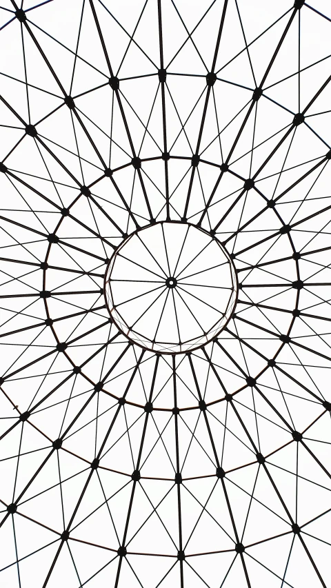 a black and white photo of a circular structure, an abstract drawing, by Buckminster Fuller, pexels, op art, 256x256, canopy, made of wire, bottom view