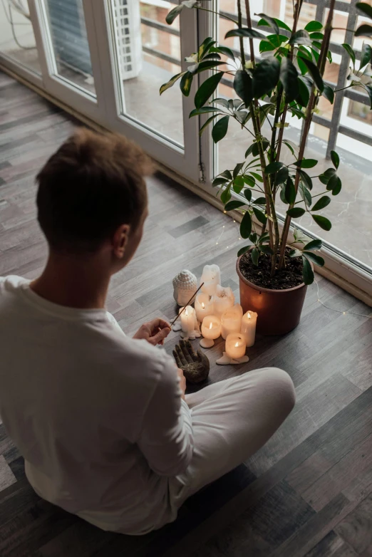 a man sitting on the floor next to a potted plant, white candles, chakras, looking out the window, profile image