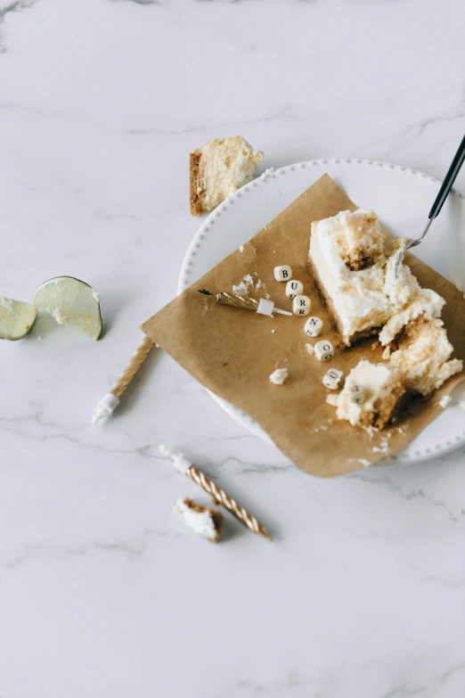 a piece of cake sitting on top of a white plate, unsplash, lime, marshmallow graham cracker, parchment paper, thumbnail