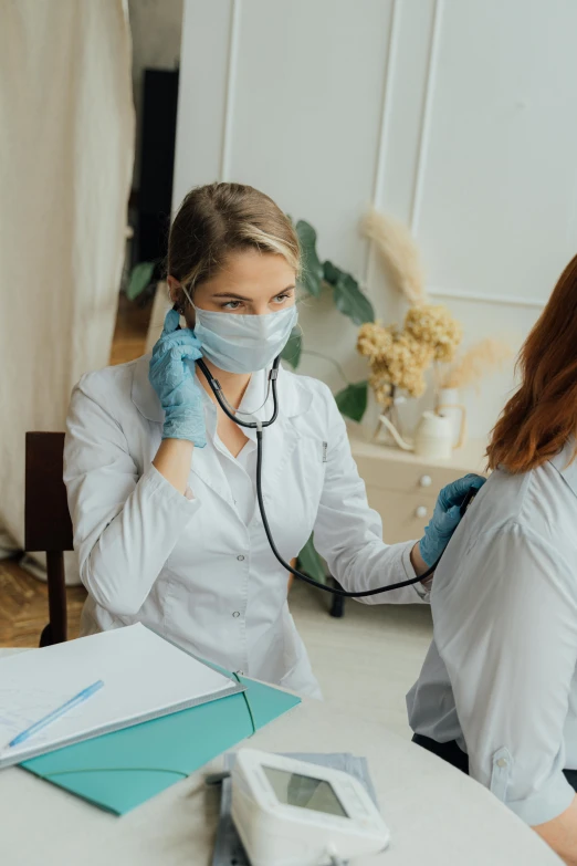 a nurse listening to a patient with a stethoscope, a picture, by Adam Marczyński, trending on pexels, made of lab tissue, ladies, brown, masked doctors