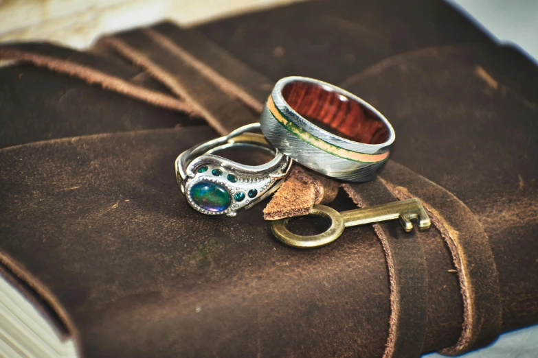 a couple of rings sitting on top of a book, a still life, by Ryan Pancoast, unsplash, renaissance, copper and emerald inlay, the handbag is over a wood table, iridescent titanium, steampunk imagery themed