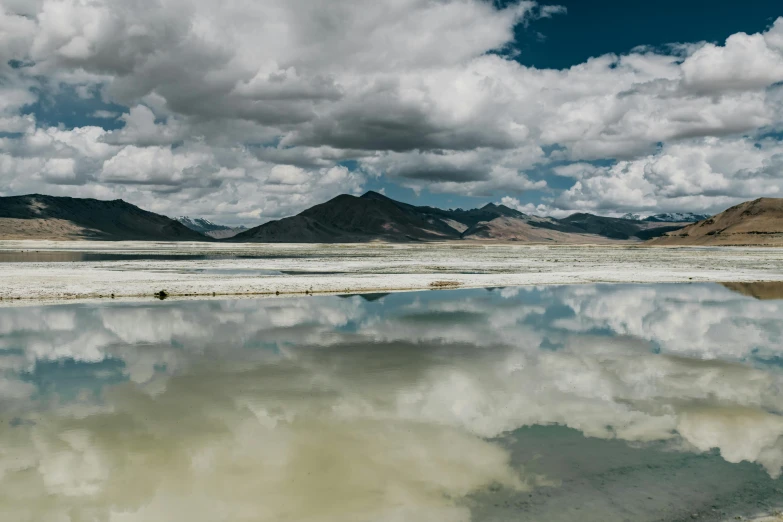 a body of water with mountains in the background, by Peter Churcher, unsplash contest winner, land art, large white clouds, tibet, background image, mirror and glass surfaces