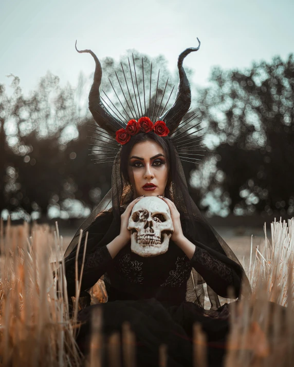 a woman with horns holding a skull in a field, pexels contest winner, gothic art, drag, black crown, no watermarks, #trending