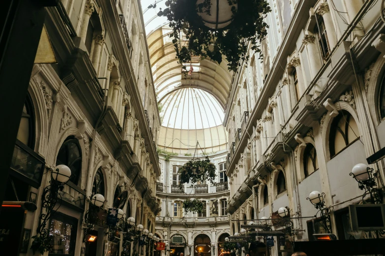 a group of people walking through a shopping mall, a photo, by Julia Pishtar, pexels contest winner, art nouveau, empty buildings with vegetation, a busy arcade, geodesic building, wellington