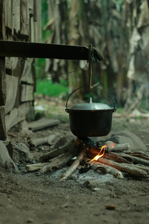 a pot sitting on top of an open fire, jungle setting, cooking, brown, rural