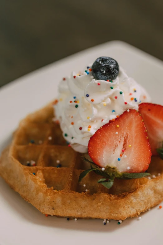 a waffle topped with strawberries and whipped cream, a portrait, unsplash, multiple colors, blueberry, brown, closeup photograph