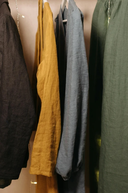 clothes hanging on a rack in a closet, by Nina Hamnett, color field, muted brown yellow and blacks, green robes, medium close up, linen