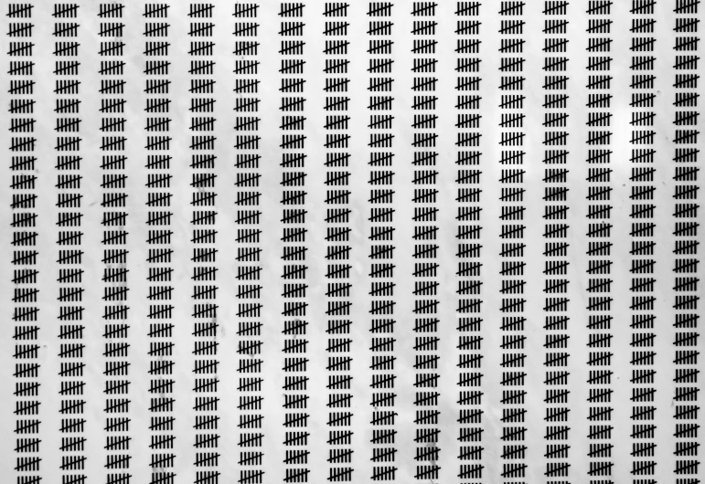 a black and white photo of a pattern, inspired by Andreas Gursky, unsplash, kanji insignia and numbering, zoomed out to show entire image, white paper background, in rows