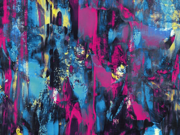 an abstract painting with blue, pink and yellow colors, inspired by Richter, neon cyberpunk vibrant colors, fuchsia and blue, screen print texture, in ecstasy