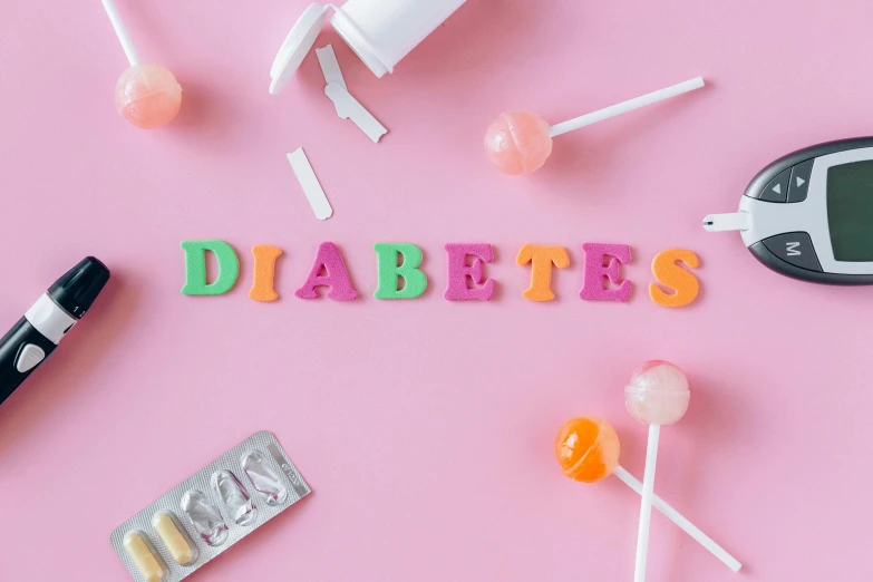 the word diabetes spelled in plastic letters on a pink background, an album cover, by Daniel Lieske, trending on pexels, lollipops, round thighs, 🚿🗝📝