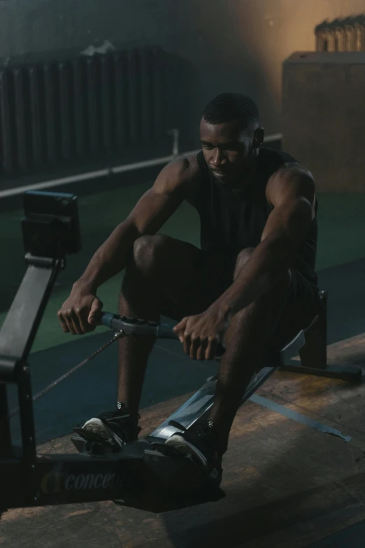 a man sitting on a bench in a gym, rowing boat, mkbhd as iron man, ad image, performance