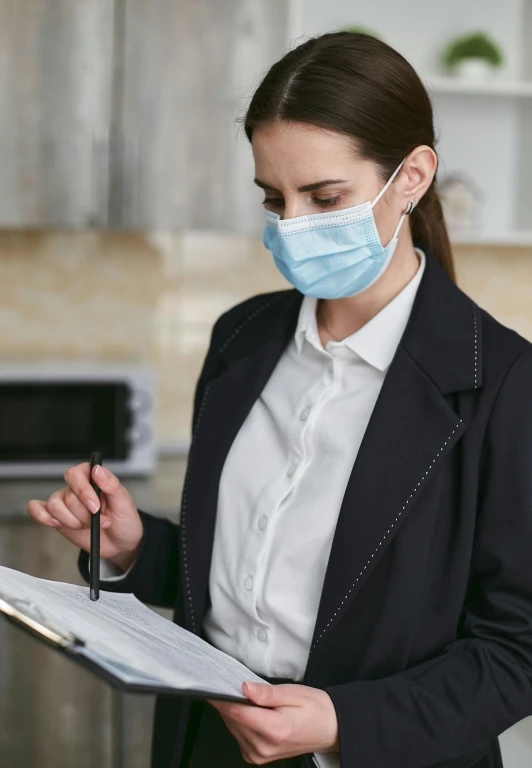 a woman wearing a face mask and writing on a clipboard, private press, charts, thumbnail, unbeatable quality, staff