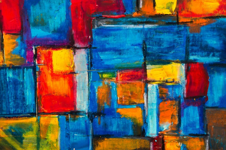 a painting with a lot of colors on it, an abstract painting, inspired by Piet Mondrian, pexels, abstract art, warm shades of blue, building blocks