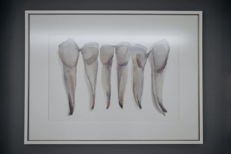 a picture of a group of teeth hanging on a wall, a watercolor painting, by Louise Bourgeois, realistic. cheng yi, knees, detailed implants, white horns