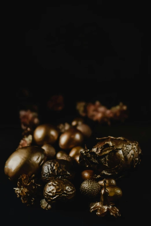 a bunch of nuts sitting on top of a table, a still life, unsplash, australian tonalism, wearing gilded ribes, dark brown, dead plants, spheres