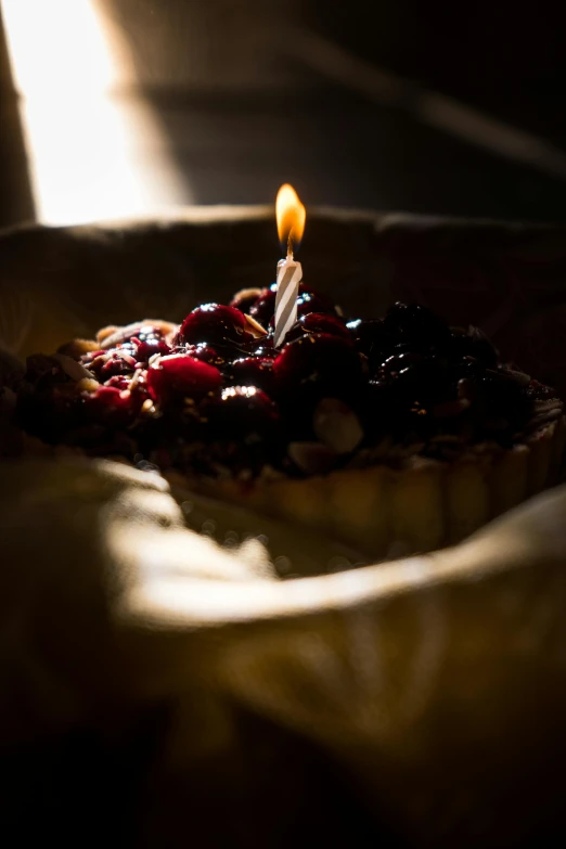 a lit candle sitting on top of a piece of cake, by Daniel Seghers, great light and shadows, the greatest cake, profile image, dessert