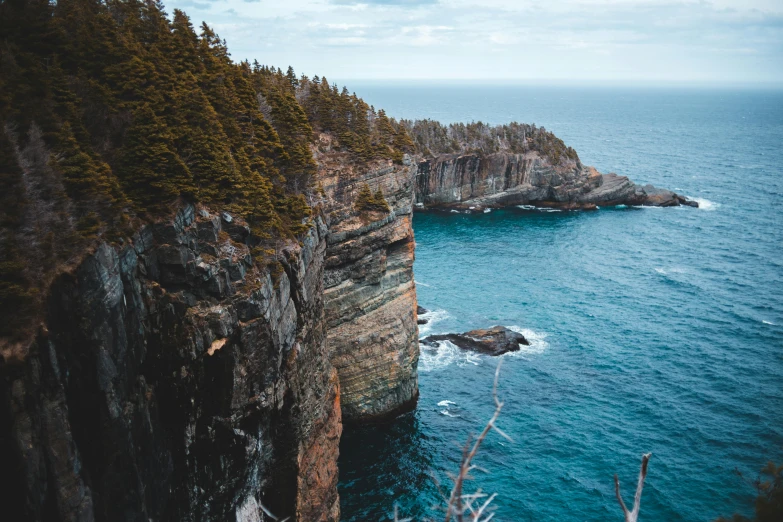 a person standing on top of a cliff next to the ocean, by Jessie Algie, pexels contest winner, les nabis, boreal forest, manly, thumbnail, steep cliffs