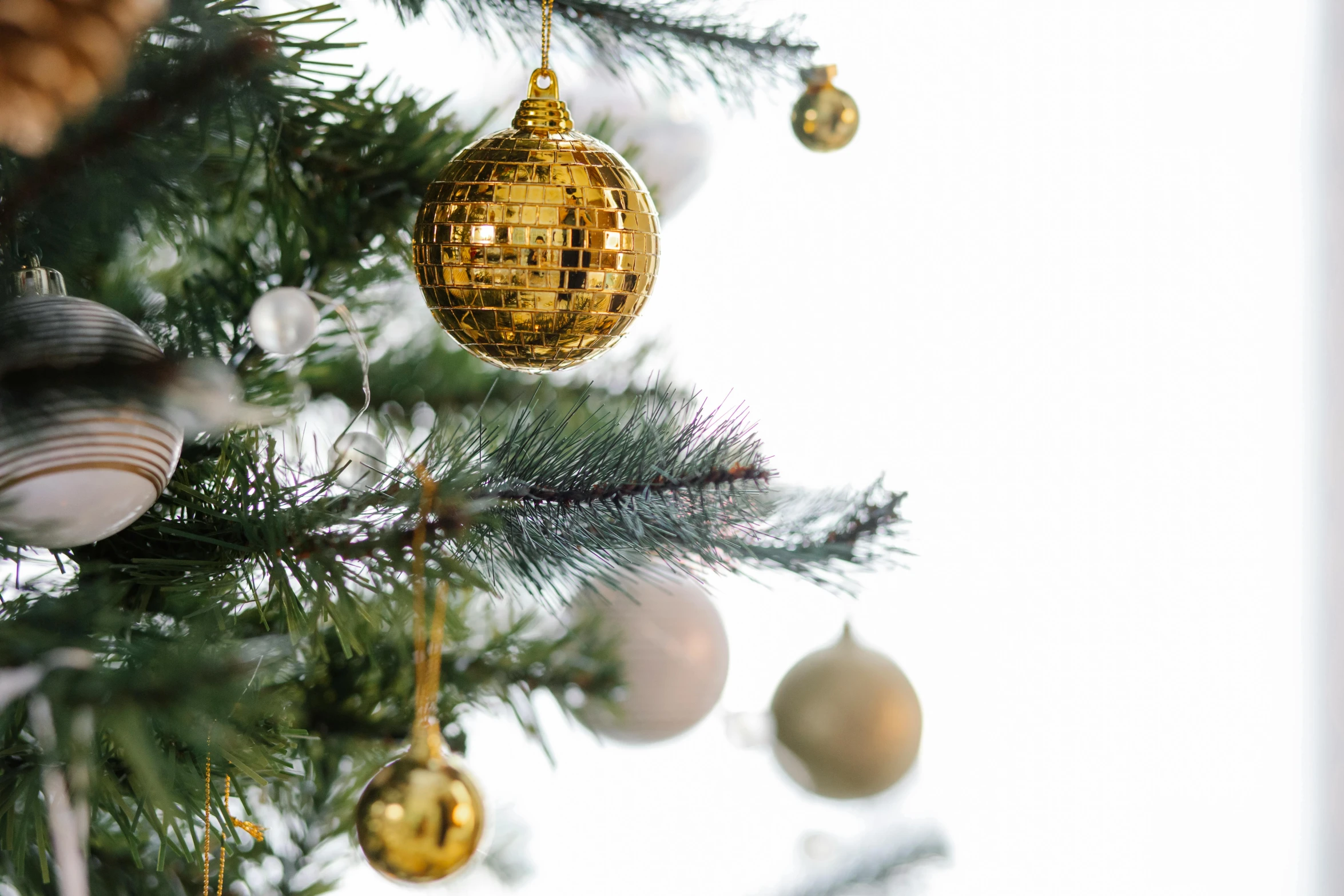 a close up of a christmas tree with ornaments, pexels, baroque, disco balls, gold and white, profile image, angled shot