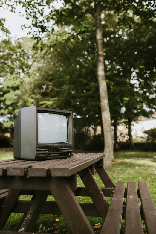 a television sitting on top of a wooden picnic table, by Lee Gatch, unsplash, video art, 1 9 8 0 s tech, sitting in the garden, crt tv mounted, politics