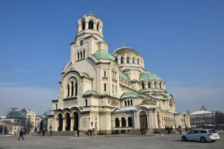 a large white building with a green dome, inspired by Károly Markó the Elder, romanesque, ivory and copper, orthodox saint, white marble buildings, 2022 photograph