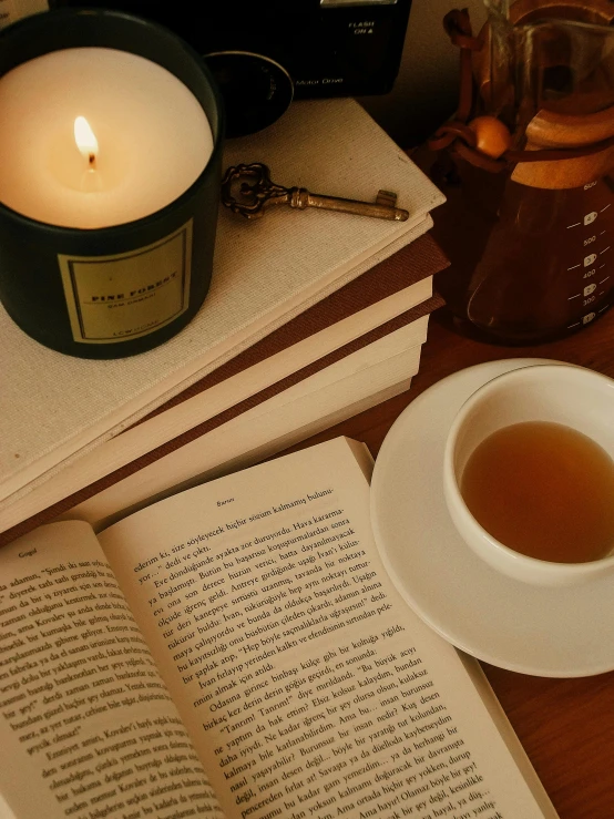 an open book sitting on top of a table next to a cup of tea, natural candle lighting, profile image, promo image, multiple stories