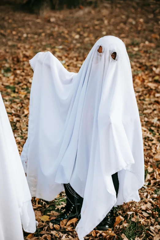 two people in ghost costumes standing next to each other, trending on pexels, happening, white cloth in wind shining, white uniform, hiding, 1950’s