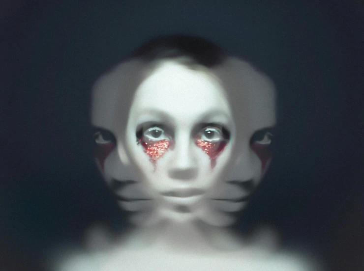 a close up of a person with makeup on, an album cover, inspired by Gottfried Helnwein, pexels contest winner, conceptual art, coherent symmetrical faces, creepy clown girl, mirrored, cat - like scarlet eyes