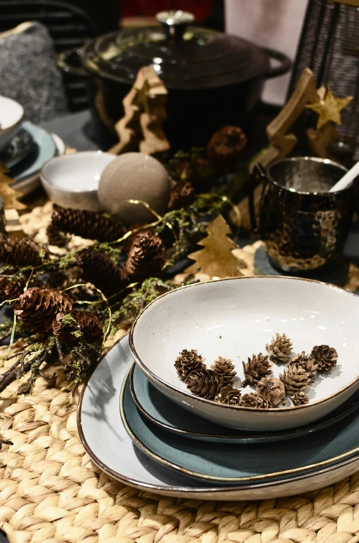 a table topped with plates and bowls filled with pine cones, zoomed in, starry, fine textures, thumbnail