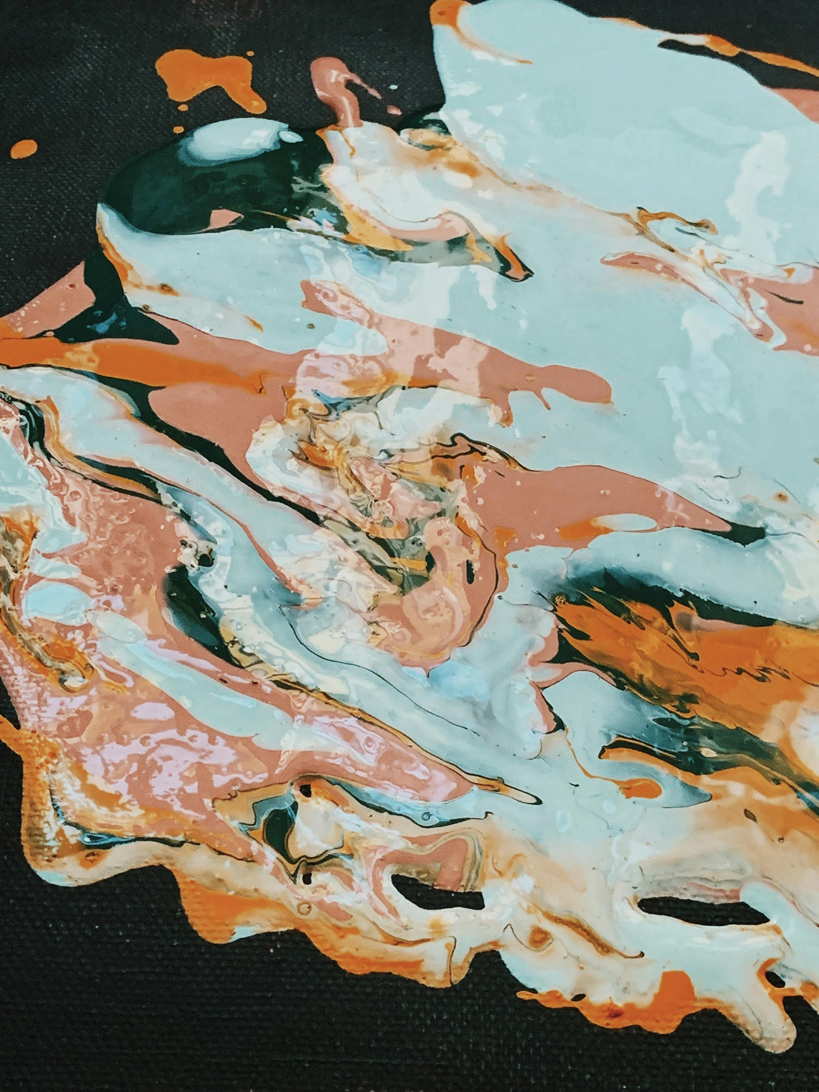 a close up of a plate of food on a table, an abstract painting, inspired by Jules Olitski, trending on unsplash, black paint flows down, melting in coral pattern, 144x144 canvas, opal flesh