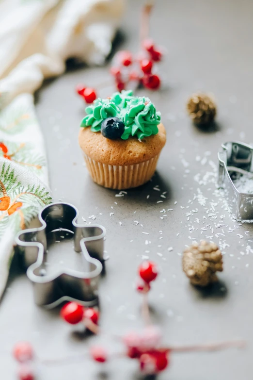 a cupcake sitting on top of a table next to cookie cutters, a still life, pexels, holiday vibe, multiple stories, grey, green