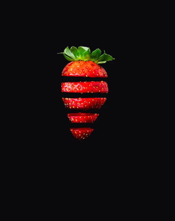 a close up of a strawberry on a black background, an album cover, by Adam Marczyński, shutterstock contest winner, symmetrical logo, 2 5 6 x 2 5 6 pixels, album art young thug, red stripe