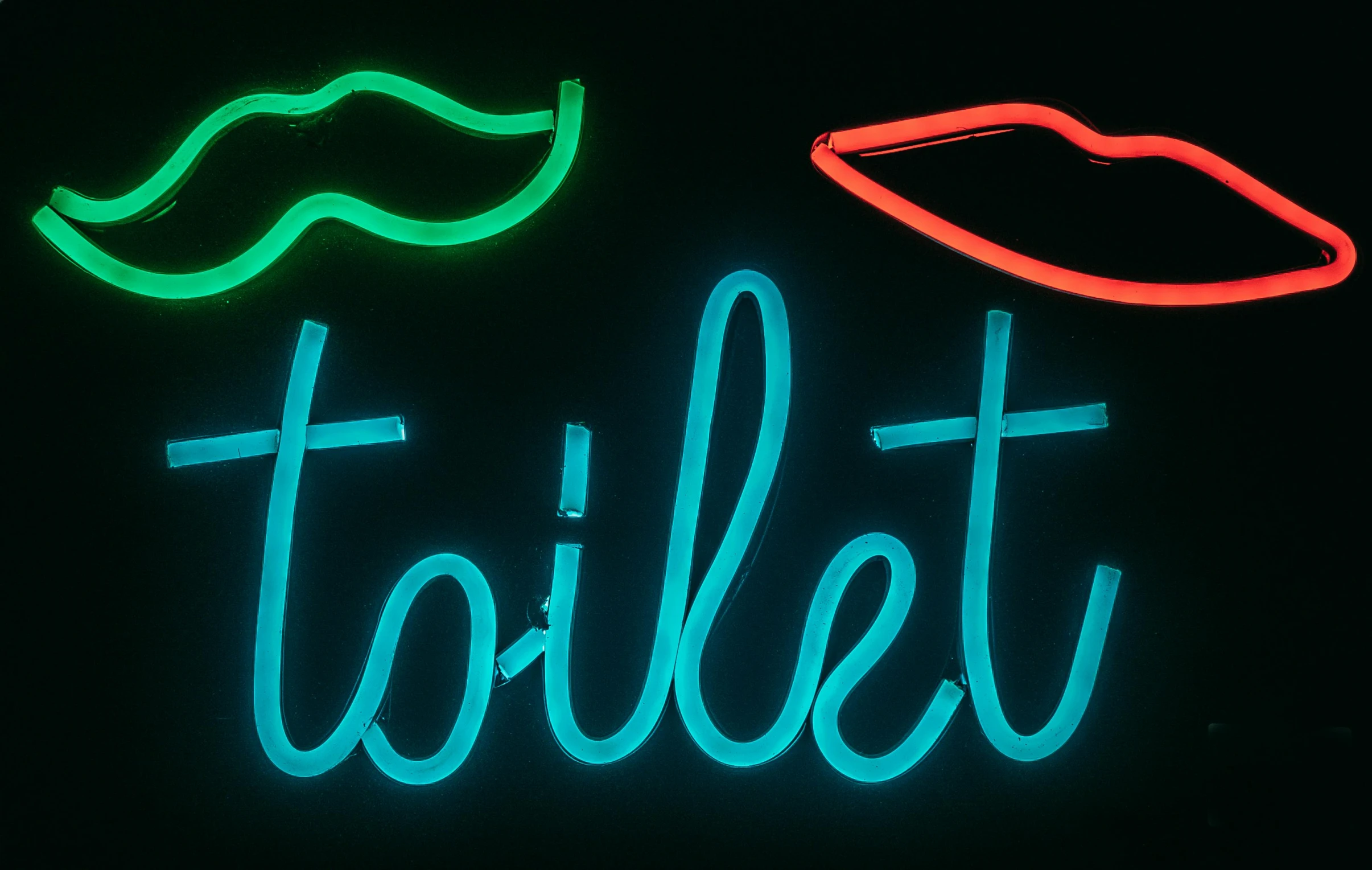 a neon sign that says toilet with a mustache and lips, by Tracey Emin, pexels, medium detail, multi - coloured, mint, dark