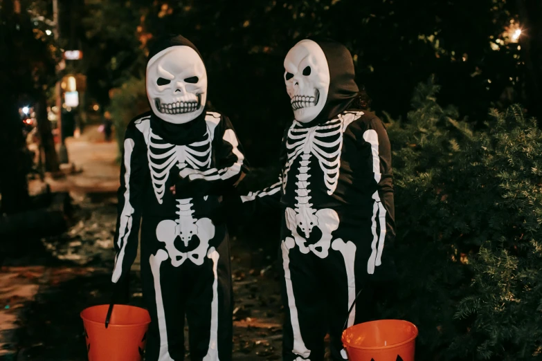 two people in skeleton costumes standing next to each other, a cartoon, by Emma Andijewska, pexels, trick or treat, boys, gif, closeup photograph