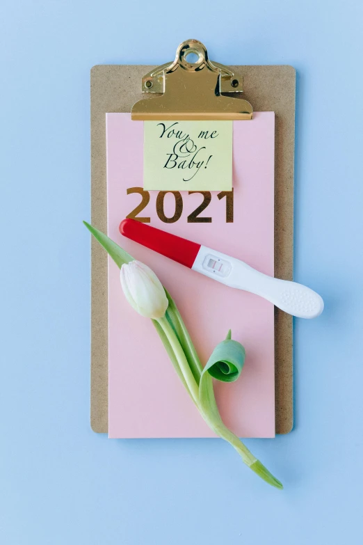 a clipboard with a note and flowers on it, by Julia Pishtar, new years eve, thumbnail, contracept, hey buddy