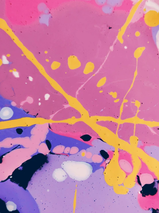 a close up of a painting on a wall, a pop art painting, inspired by Sam Francis, trending on unsplash, pink and yellow, purple liquid, album cover, ( ( risograph ) )