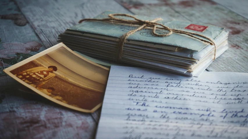 a stack of books sitting on top of a wooden table, letterism, with some hand written letters, recipe, vintage colours, slide show